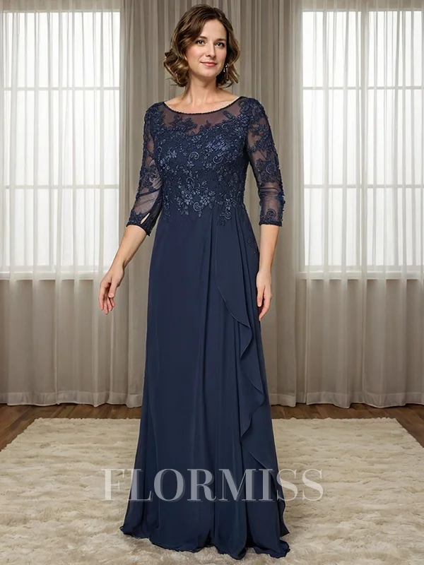A-line Scoop 3/4 Sleeves Appliques Lace Floor-Length Chiffon Mother of the Bride Dress