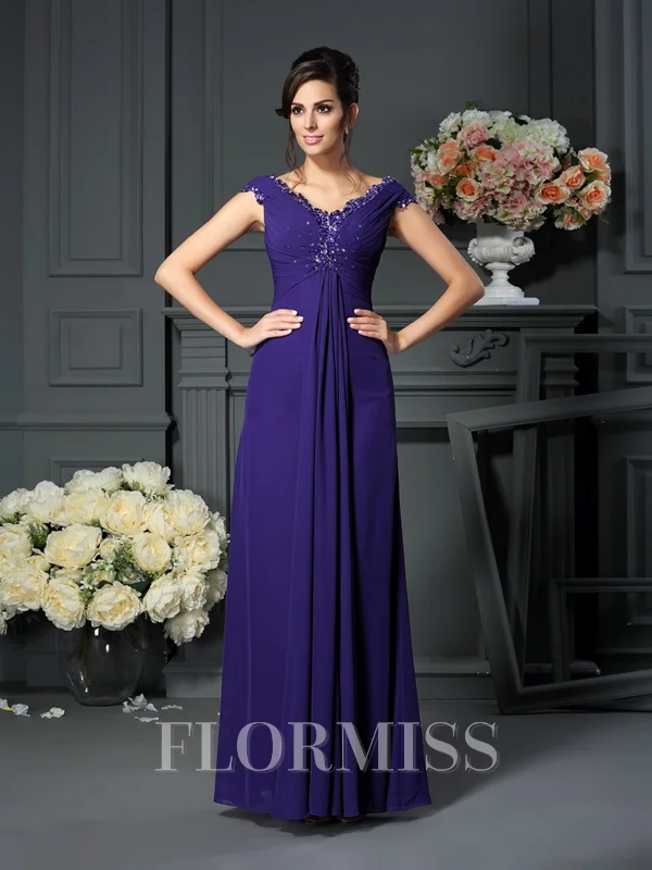 A-Line/Princess V-neck Floor-Length Chiffon Mother of the Bride Dresses With Beading