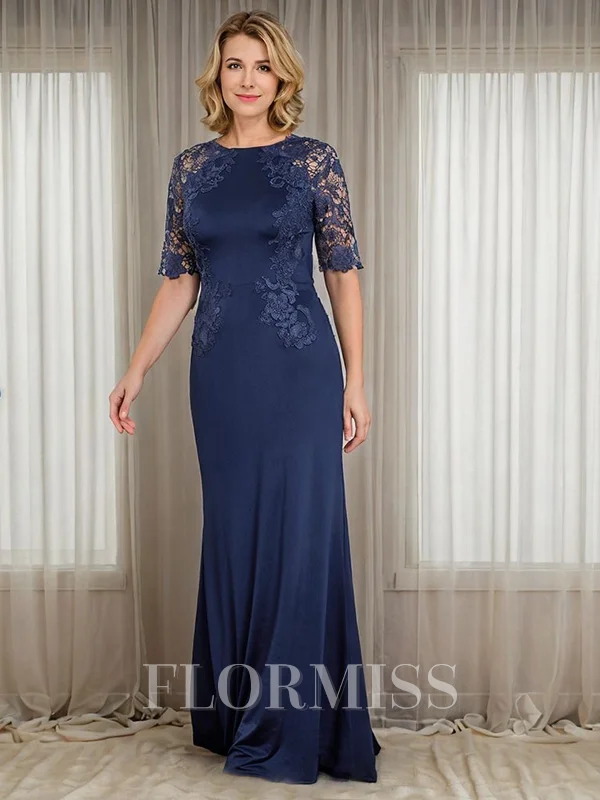 Sheath Scoop 1/2 Sleeves Appliques Lace Floor-Length Jersey Mother of the Bride Dress