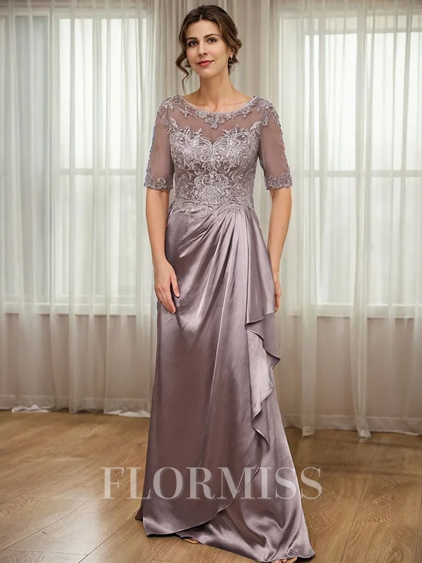 Sheath Scoop 1/2 Sleeves Appliques Lace Floor-Length Silk Like Satin Mother of the Bride Dress