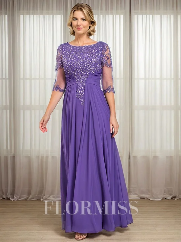 A-line Scoop 1/2 Sleeves Appliques Lace Floor-Length Chiffon Mother of the Bride Dress