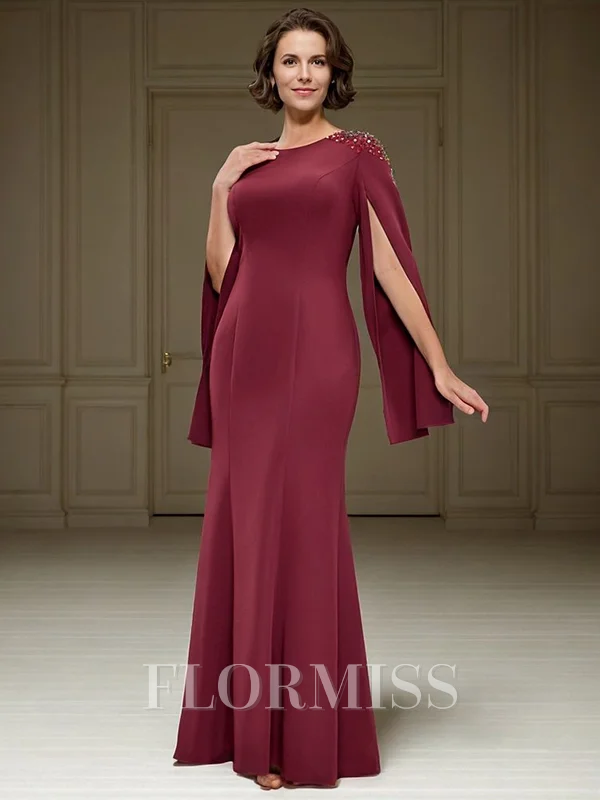 Sheath Scoop Long Sleeves Rhinestone Floor-Length Stretch Crepe Mother of the Bride Dress
