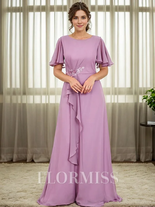 A-line Scoop Short Sleeves Appliques Lace Floor-Length Chiffon Mother of the Bride Dress
