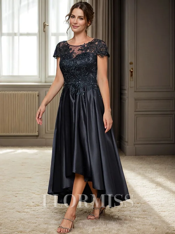 A-line Scoop Short Sleeves Appliques Lace Asymmetrical Satin Mother of the Bride Dress