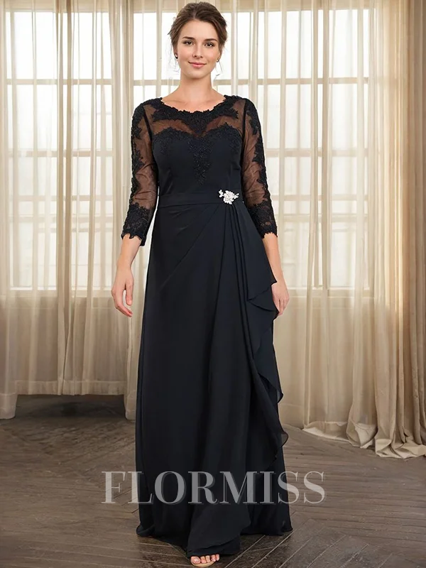 A-line Scoop 3/4 Sleeves Appliques Lace Floor-Length Chiffon Mother of the Bride Dress