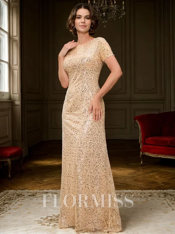 Sheath Scoop Short Sleeves Sweep Train Mother of the Bride Dress