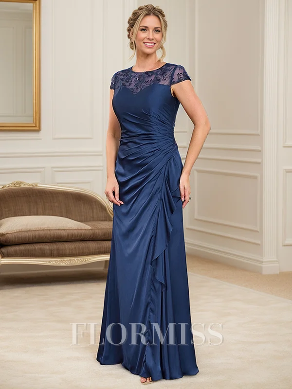 Sheath Scoop Short Sleeves Appliques Lace Floor-Length Satin Chiffon Mother of the Bride Dress