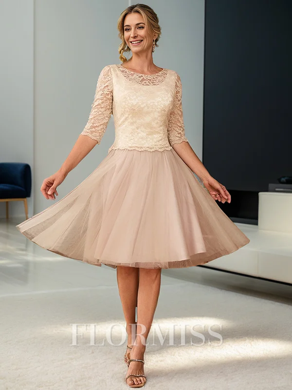 A-line Scoop 3/4 Sleeves Appliques Lace Knee-Length Tulle Mother of the Bride Dress