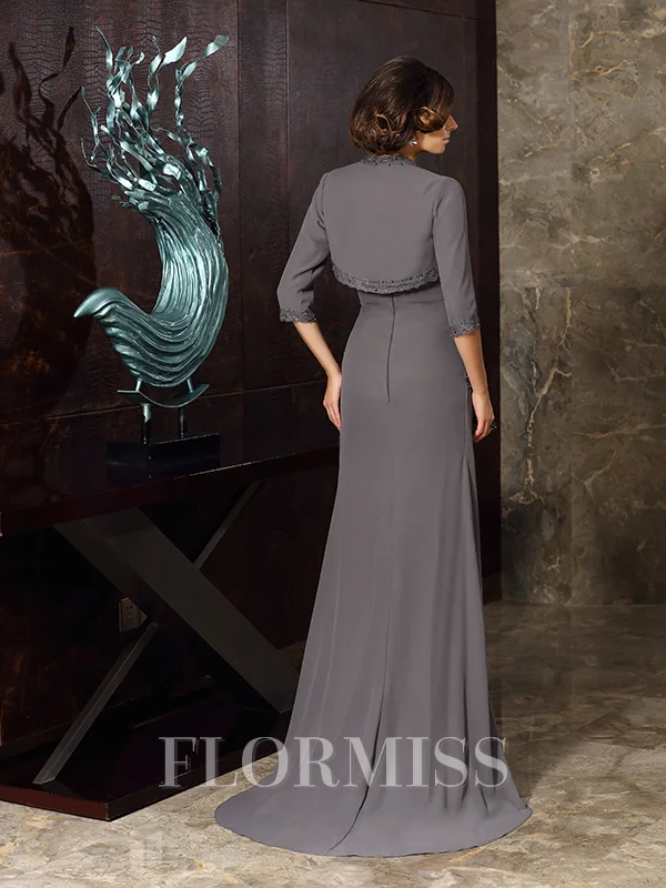 Sheath/Column Sweetheart Sweep Train Chiffon Mother of the Bride Dresses With Beading