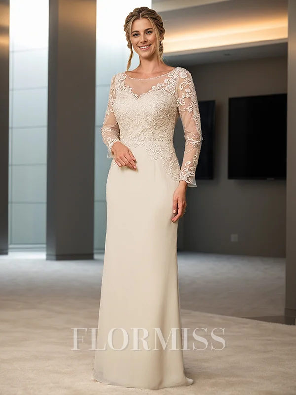 Sheath Scoop Long Sleeves Appliques Lace Floor-Length Chiffon Mother of the Bride Dress