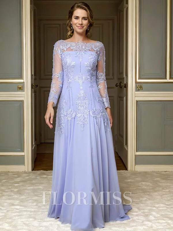 A-line Bateau Long Sleeves Appliques Lace Sweep Train Chiffon Mother of the Bride Dress