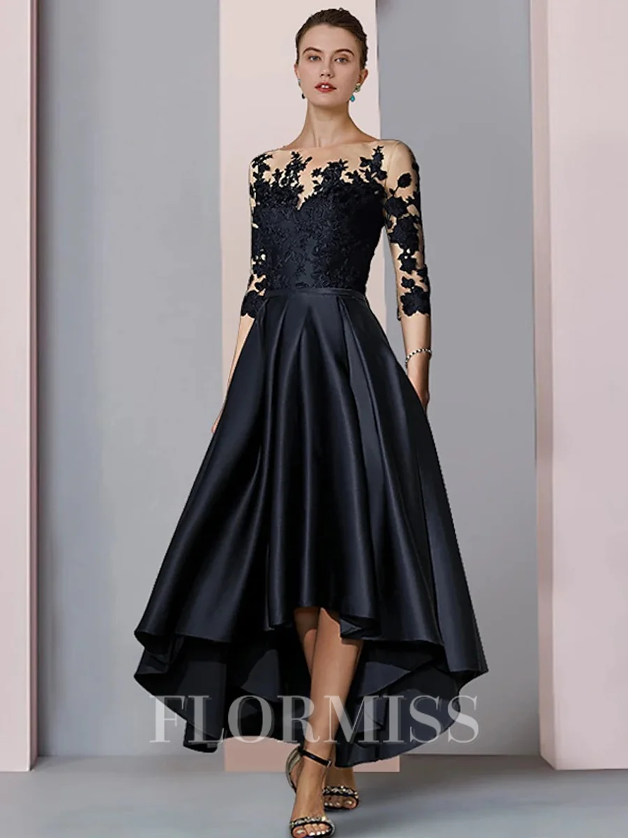 A-Line Bateau 3/4 Sleeves Applique Asymmetrical Satin Mother of the Bride Dress