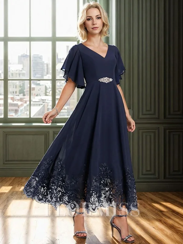 A-Line V-neck Short Sleeves Applique Ankle-Length Chiffon Mother of the Bride Dress