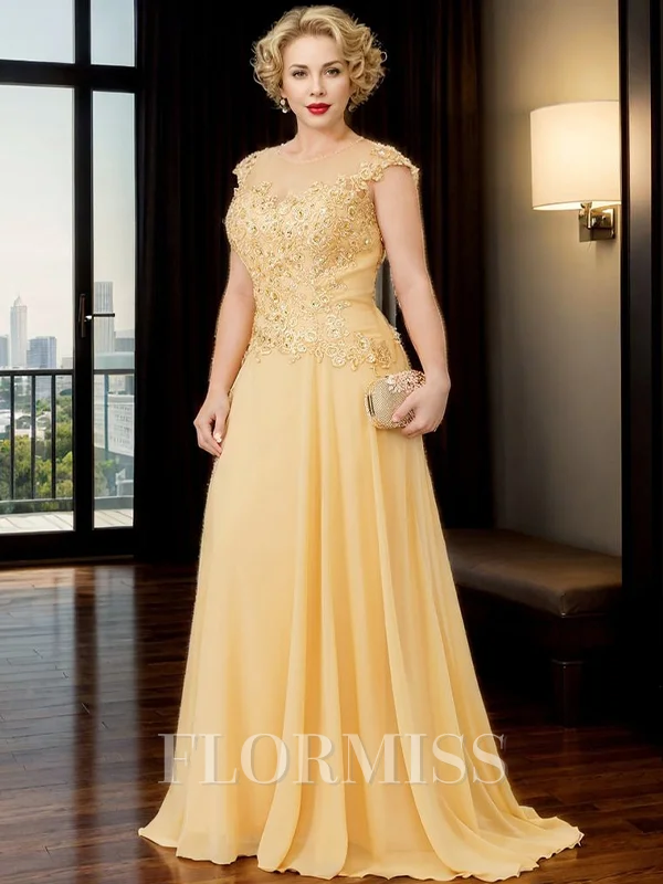 Sheath Illusion Short Sleeves Applique Sweep Train Chiffon Mother of the Bride Dress