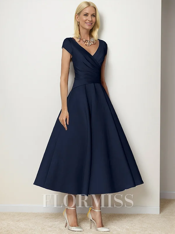 A-Line V-neck Short Sleeves Pleated Tea-Length Satin Mother of the Bride Dress