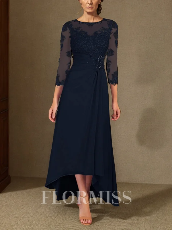 A-line Scoop 3/4 Sleeves Appliques Lace Asymmetrical Chiffon Mother of the Bride Dress