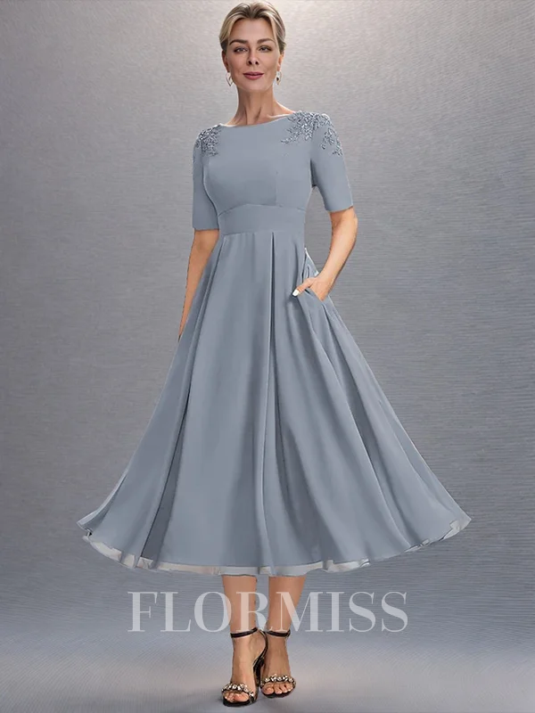 A-line Scoop Short Sleeves Appliques Lace Tea-Length Chiffon Mother of the Bride Dress