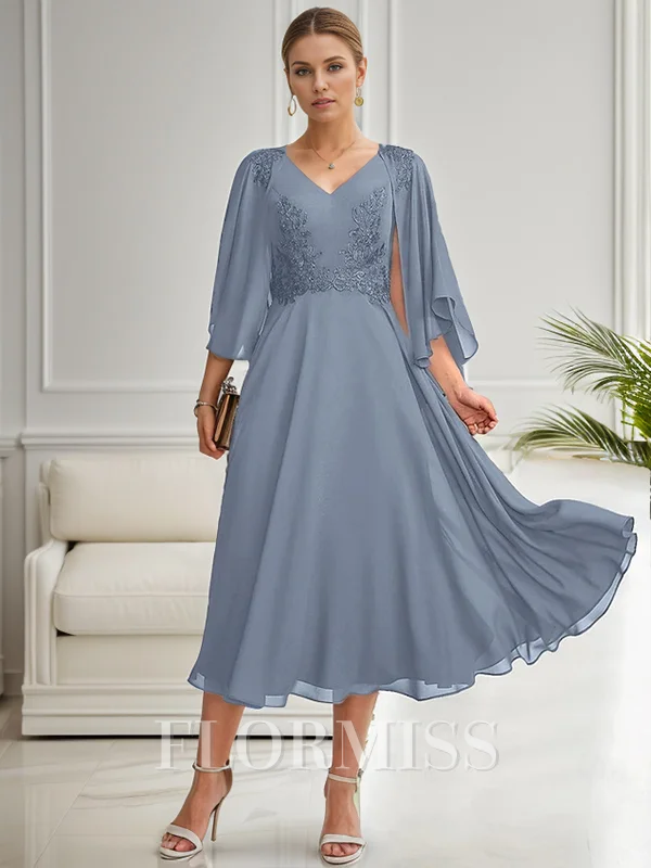 A-line V-neck 3/4 Sleeves Appliques Lace Tea-Length Chiffon Mother of the Bride Dress