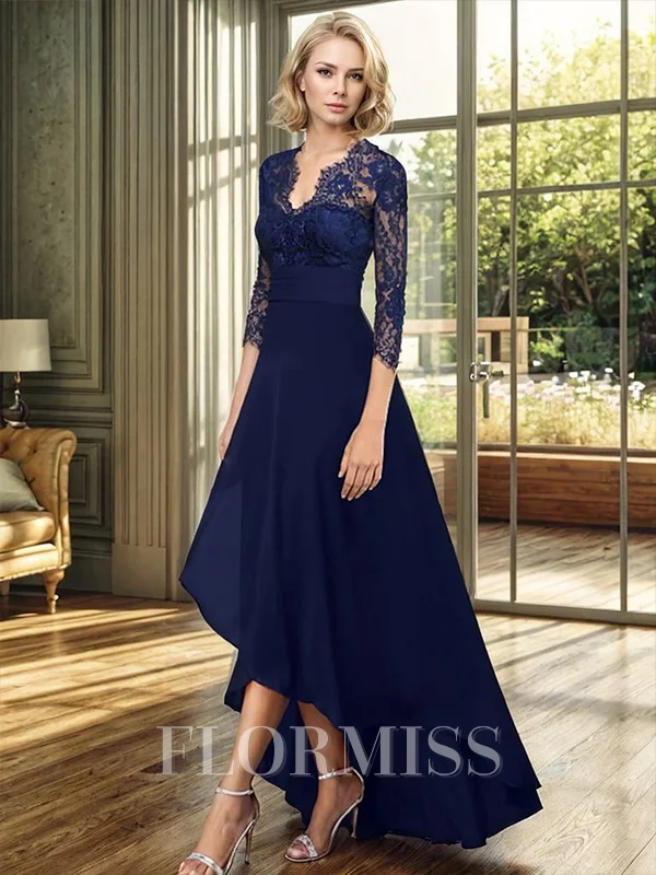 A-line V-neck 3/4 Sleeves Appliques Lace Asymmetrical Chiffon Mother of the Bride Dress