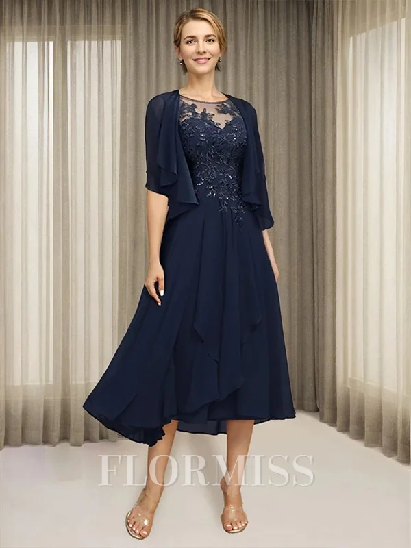 A-line Scoop Short Sleeves Appliques Lace Asymmetrical Chiffon Mother of the Bride Dress