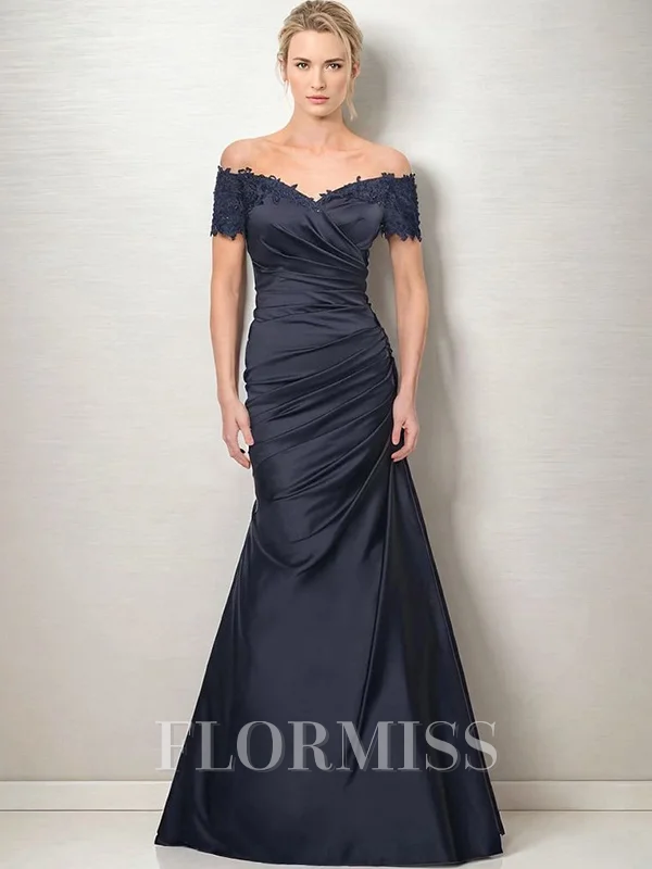 Sheath Off-the-Shoulder Short Sleeves Pleated Floor-Length Satin Mother of the Bride Dress