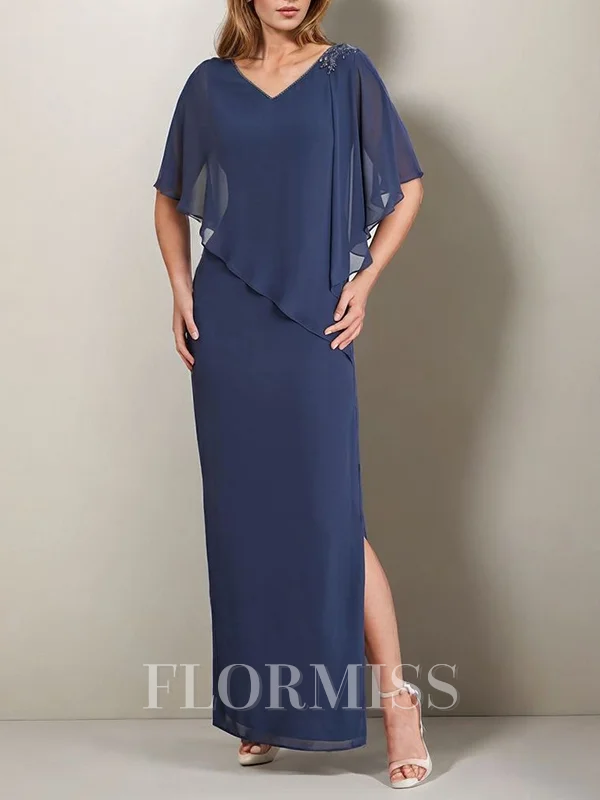 Sheath V-neck 1/2 Sleeves Ruffles Floor-Length Chiffon Mother of the Bride Dress