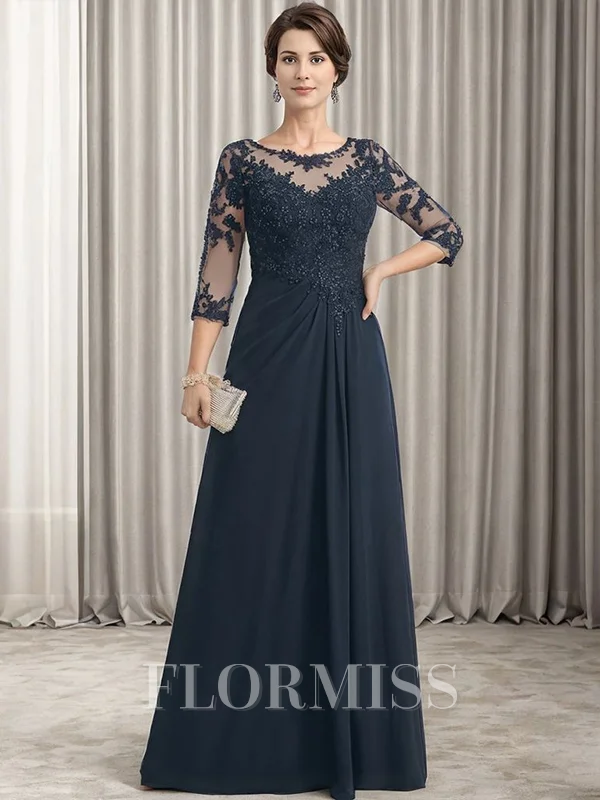 A-line Bateau 3/4 Sleeves Appliques Lace Floor-Length Chiffon Mother of the Bride Dress