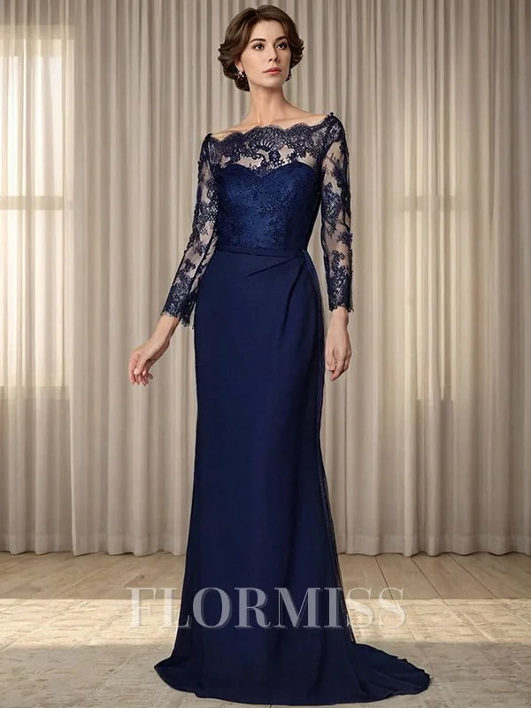 Sheath Bateau Long Sleeves Appliques Lace Sweep Train Stretch Crepe Mother of the Bride Dress