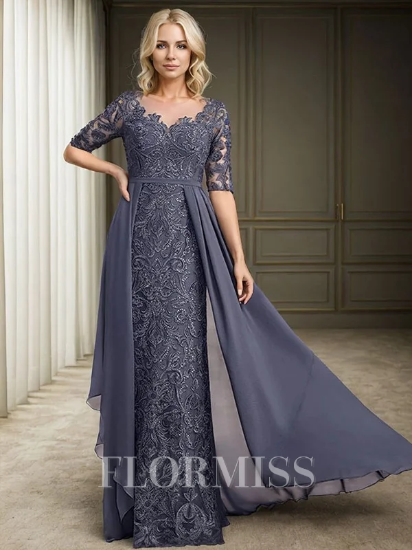 Sheath Scoop 1/2 Sleeves Appliques Lace Floor-Length Chiffon Mother of the Bride Dress