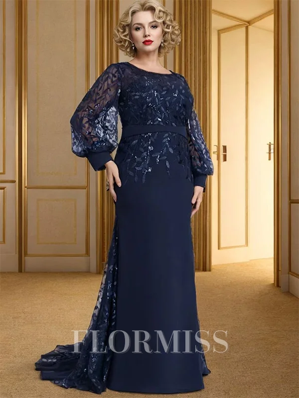 Sheath Scoop Long Sleeves Appliques Lace Sweep Train Chiffon Mother of the Bride Dress