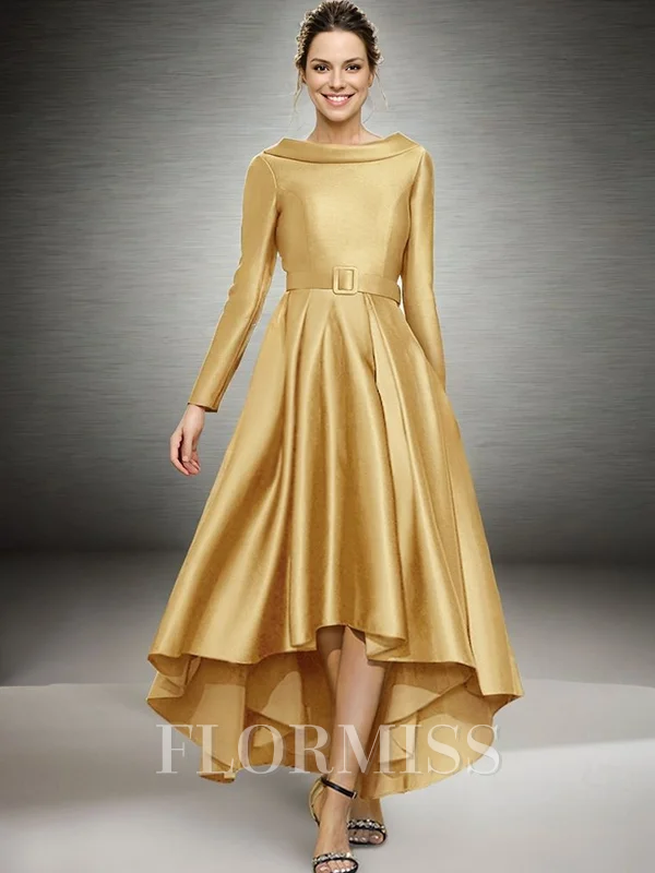 A-line Bateau Long Sleeves Ruffles Asymmetrical Satin Mother of the Bride Dress