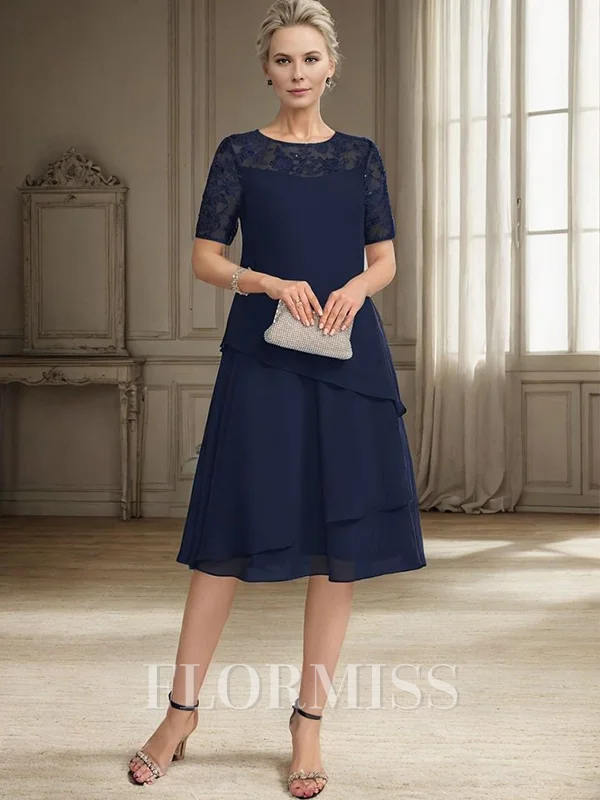 A-line Scoop Short Sleeves Appliques Lace Tea-Length Chiffon Mother of the Bride Dress