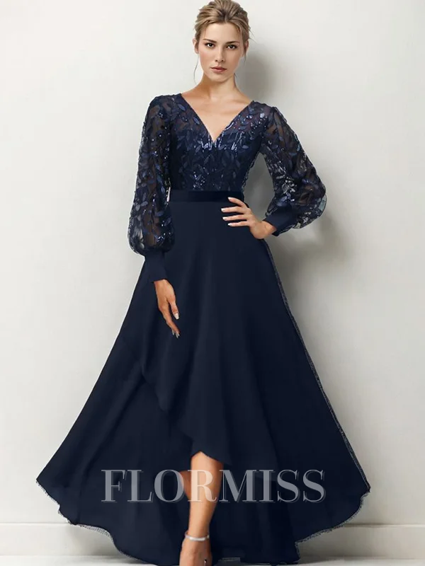 A-line V-neck Long Sleeves Ruffles Asymmetrical Chiffon Mother of the Bride Dress