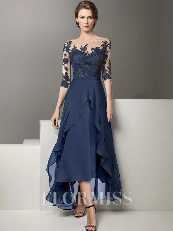 A-line Bateau 1/2 Sleeves Appliques Lace Asymmetrical Chiffon Mother of the Bride Dress