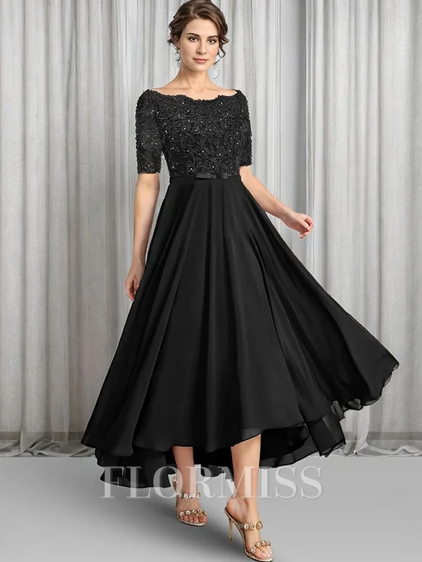 A-line Bateau 1/2 Sleeves Appliques Lace Asymmetrical Chiffon Mother of the Bride Dress