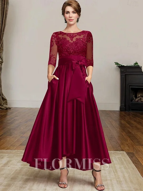 A-line Scoop 3/4 Sleeves Appliques Lace Ankle-Length Satin Mother of the Bride Dress