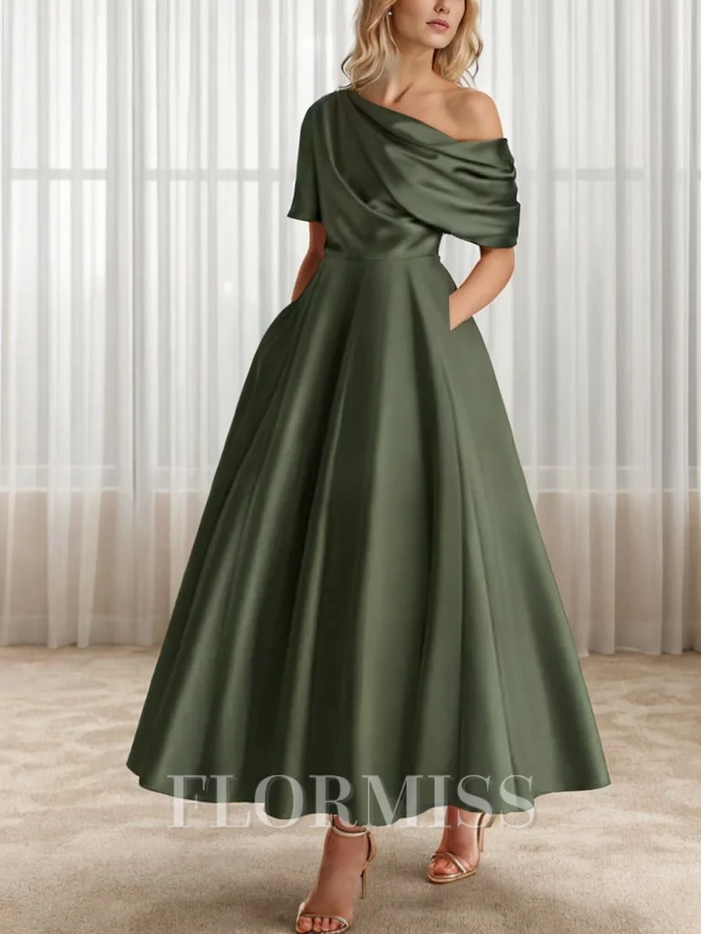 A-line Short Sleeves Pleated Ankle-Length Elastic Woven Satin Mother of the Bride Dress