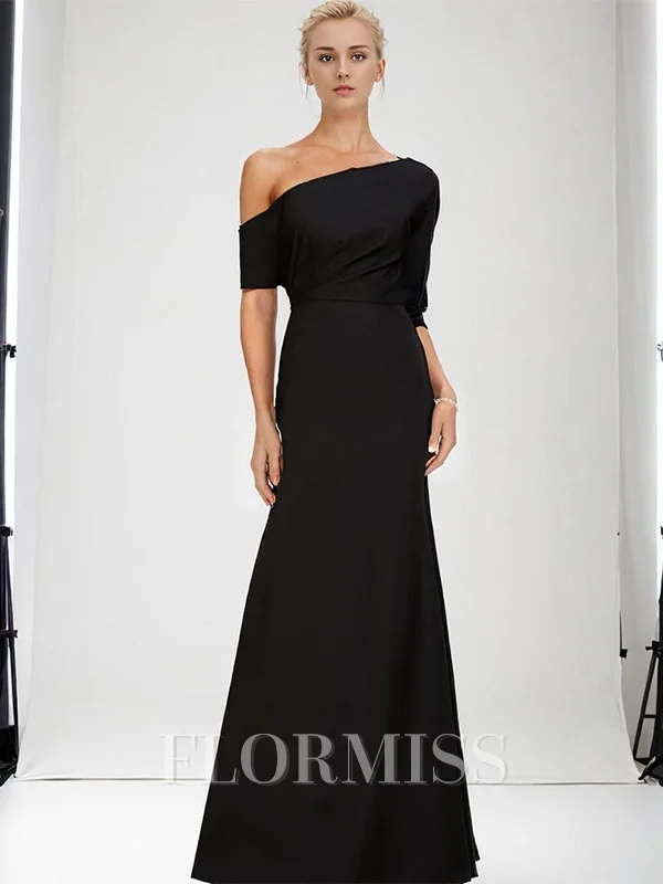 Sheath One-Shoulder Short Sleeves Ruffles Floor-Length Stretch Crepe Mother of the Bride Dress