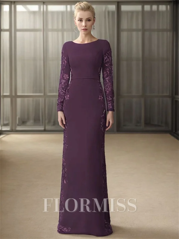 Sheath Scoop Long Sleeves Appliques Lace Floor-Length Stretch Crepe Mother of the Bride Dress