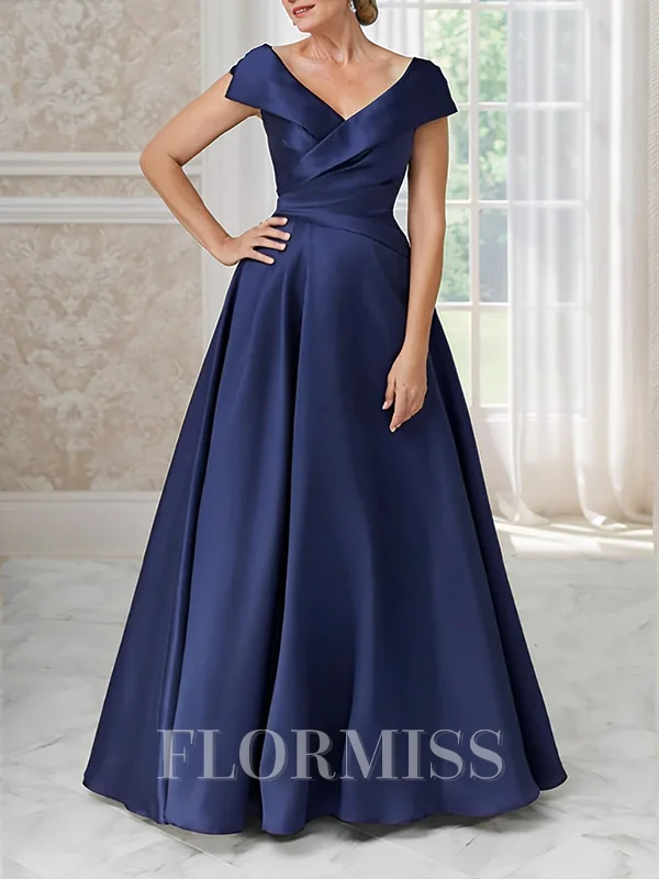 A-line V-neck Short Sleeves Ruffles Floor-Length Satin Mother of the Bride Dress