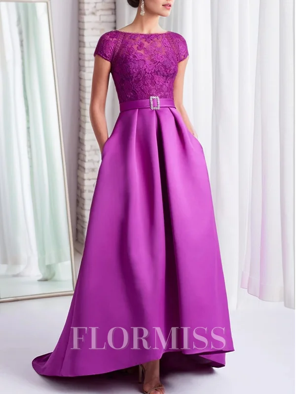 A-line Bateau Short Sleeves Appliques Lace Sweep Train Satin Mother of the Bride Dress