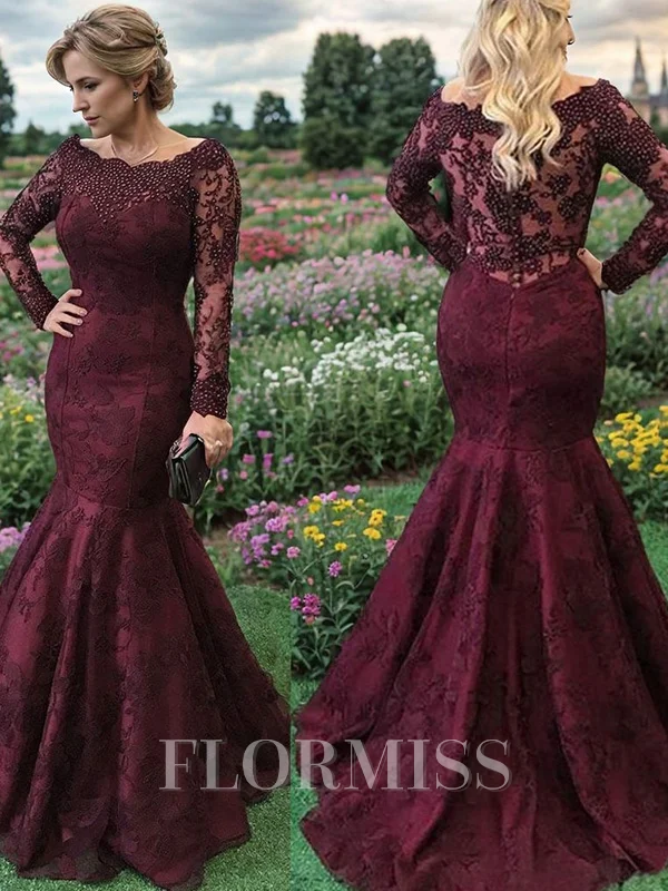 Mermaid Bateau Long Sleeves Appliques Lace Sweep Train Lace Mother of the Bride Dress