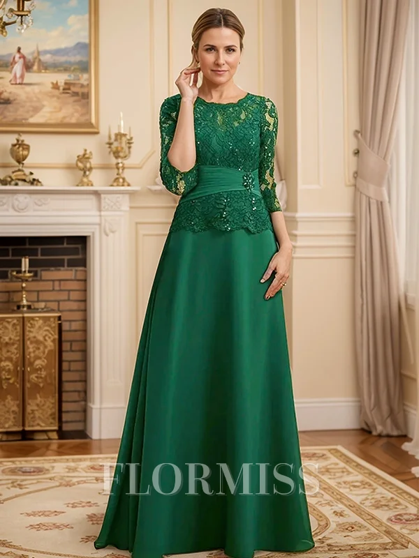A-line Scoop 3/4 Sleeves Appliques Lace Floor-Length Chiffon Mother of the Bride Dress