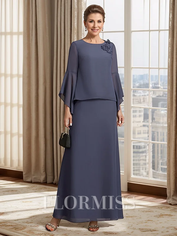 Sheath Scoop Long Sleeves Ruffles Ankle-Length Chiffon Mother of the Bride Dress
