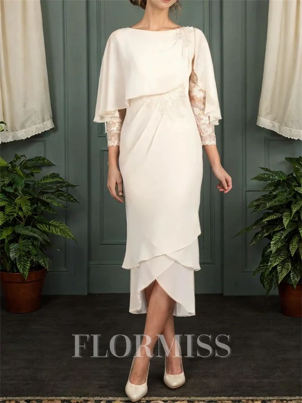 Sheath Bateau 3/4 Sleeves Ruffles Tea-Length Chiffon Mother of the Bride Dress