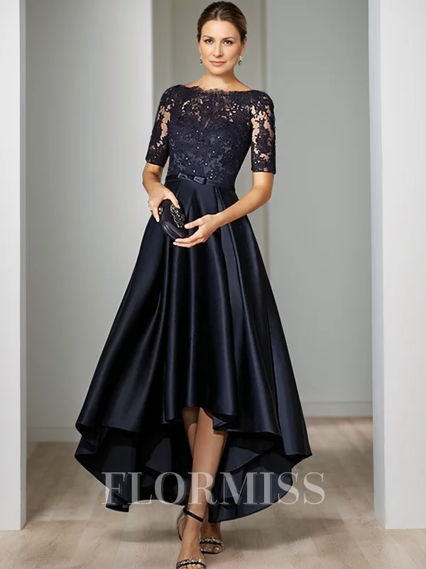 A-line Bateau 1/2 Sleeves Appliques Lace Ankle-Length Satin Mother of the Bride Dress