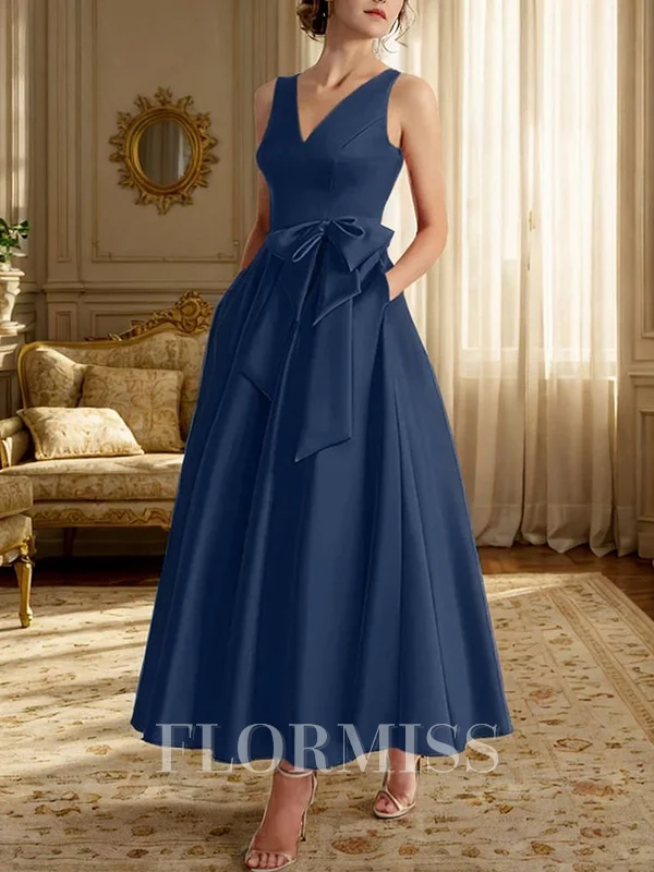 A-line V-neck Ruffles Ankle-Length Satin Satin Mother of the Bride Dress