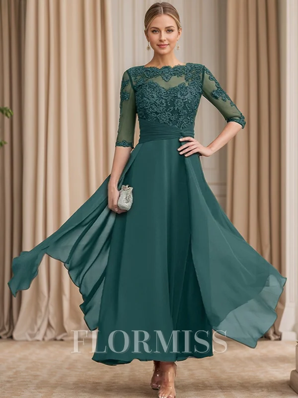A-line Bateau 1/2 Sleeves Appliques Lace Ankle-Length Chiffon Mother of the Bride Dress
