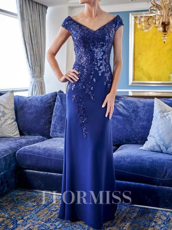 Sheath V-neck Appliques Lace Floor-Length Charmeuse Mother of the Bride Dress