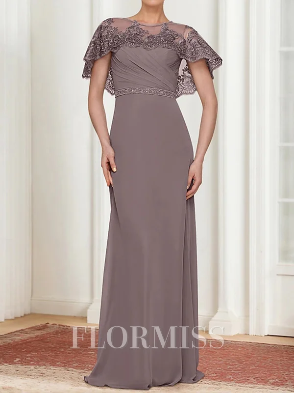 Sheath Bateau Short Sleeves Appliques Lace Floor-Length Chiffon Mother of the Bride Dress